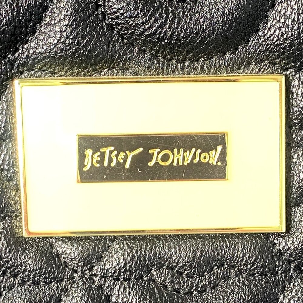 Betsey Johnson Quilted Black Lips Faux Leather Satchel Bag & Pom Poms Love Coll - Picture 3 of 14